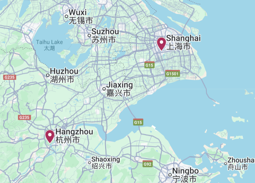 Map of the Hangzhou E-commerce Tour route including Hangzhou and Shanghai